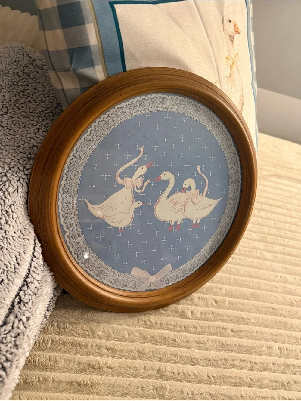 Blue Geese Family Round Wall Art with Wooden Frame